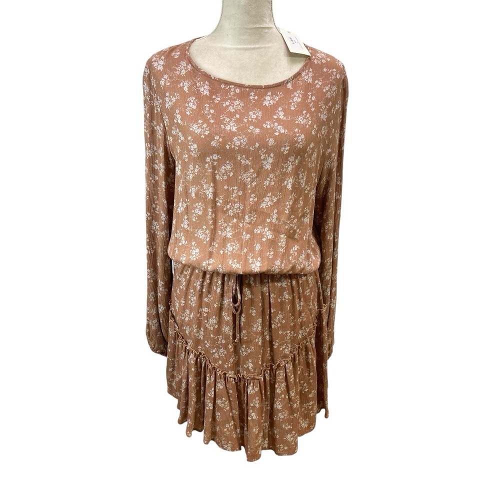 Hashtag NWT Printed Ruffle Dress Sandstone‎  Size Large Long Sleeve Brown White